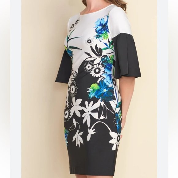 Joseph Ribkoff Dresses & Skirts - NWT Joseph Ribkoff Black/Multi Dress with Floral Design and Flowy Sleeves